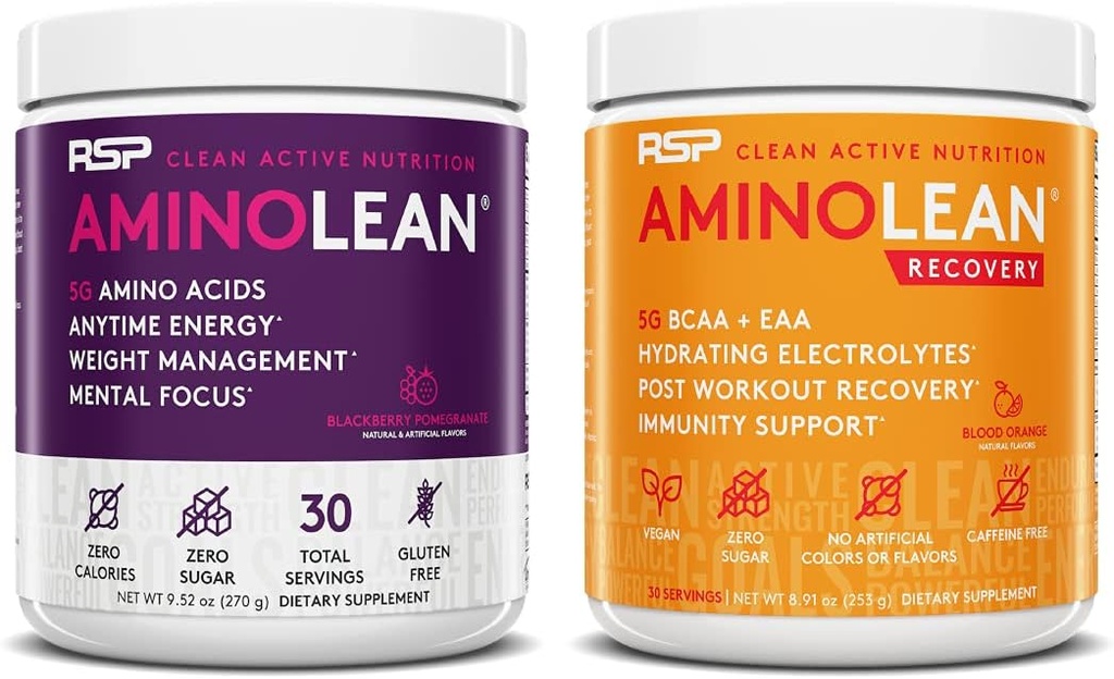 RSP NUTRITITION AminoLean Pre Workout Energy (BlackBerry Potecuciate 30 Servings) with AminoLean Recout Boost (Blood Orange 30 Servings)