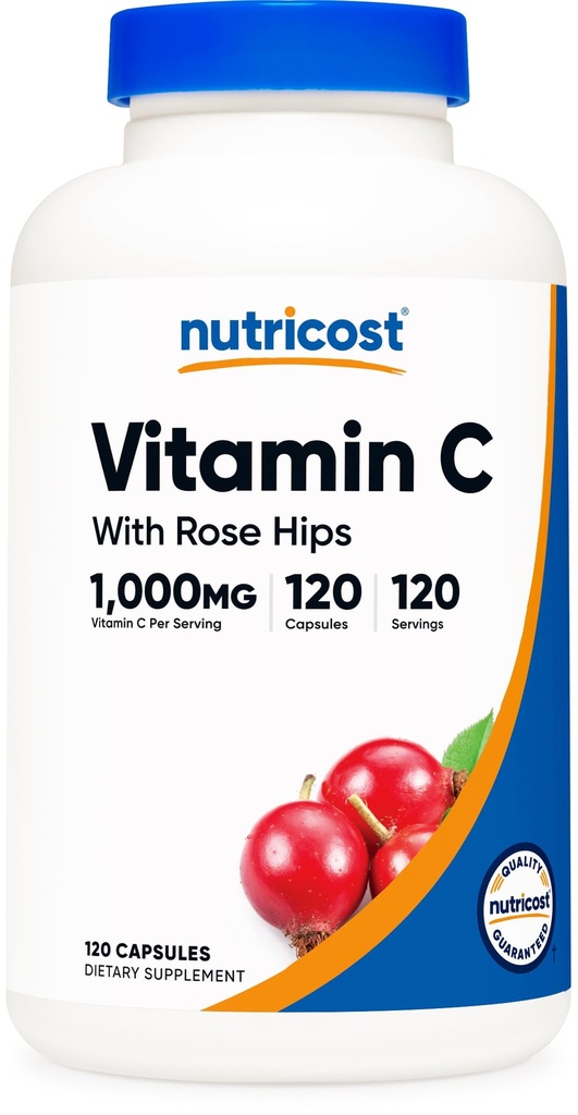 Nutricost Vitamin C dengan Rose HIPS 1025mg, 120 Capsules - Vitamin C 100m, Rose HIPS 25mg, Premium, Non- GMO, Gluten Free Suplemen