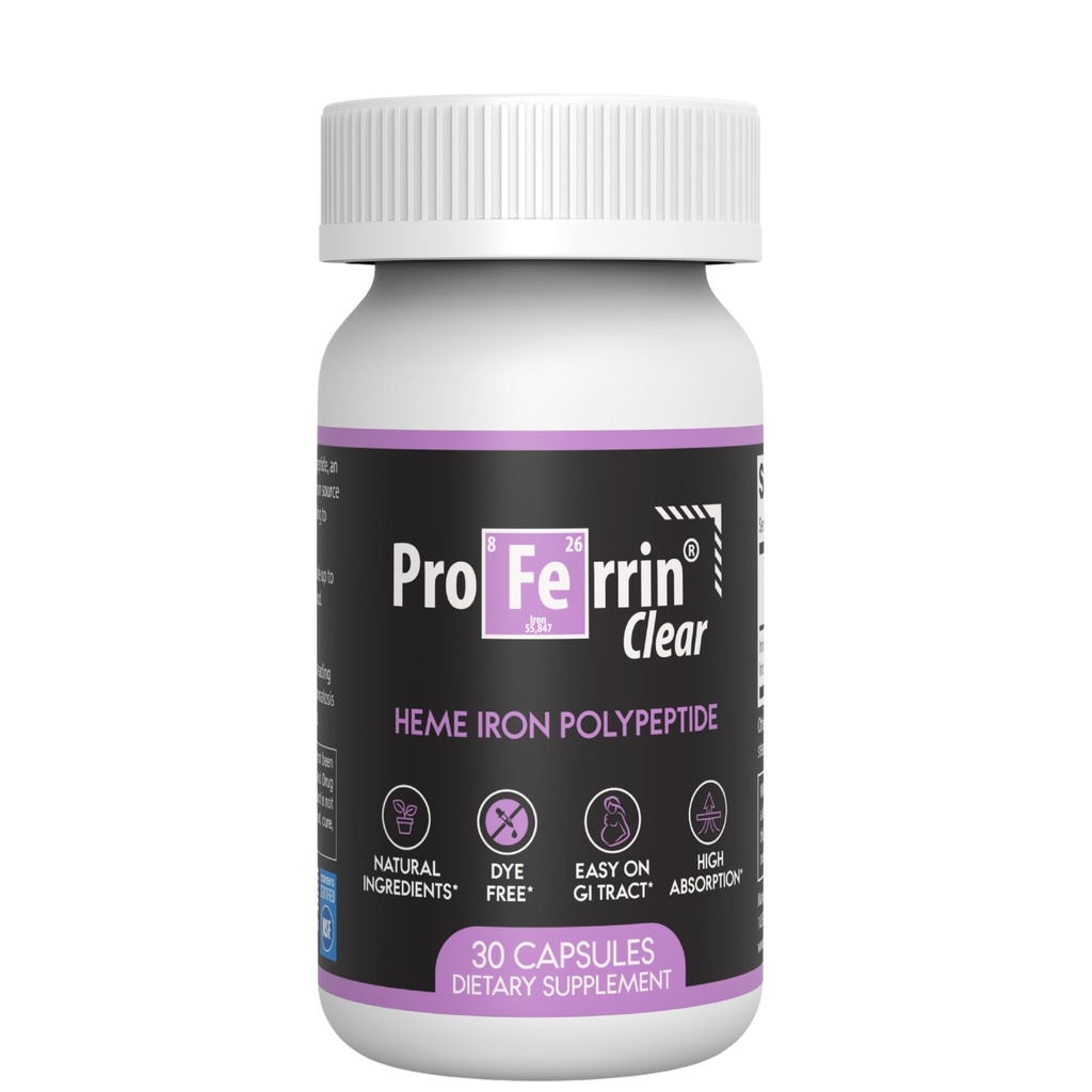 Proferrin Clear 30ct 126; US Made heme Iron for high Absorpsi, Easy on GI Tract 124; Natural, NSF Certified, dye Free