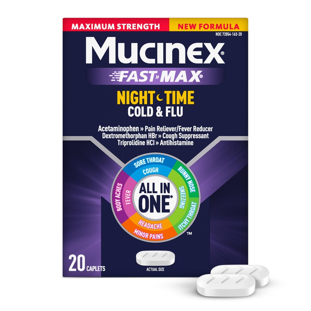 Mucinex Nightshift Cold & Flu, Maximum Strength Strength Multi- Symptom Relief, 20 Fast Release Caplets
