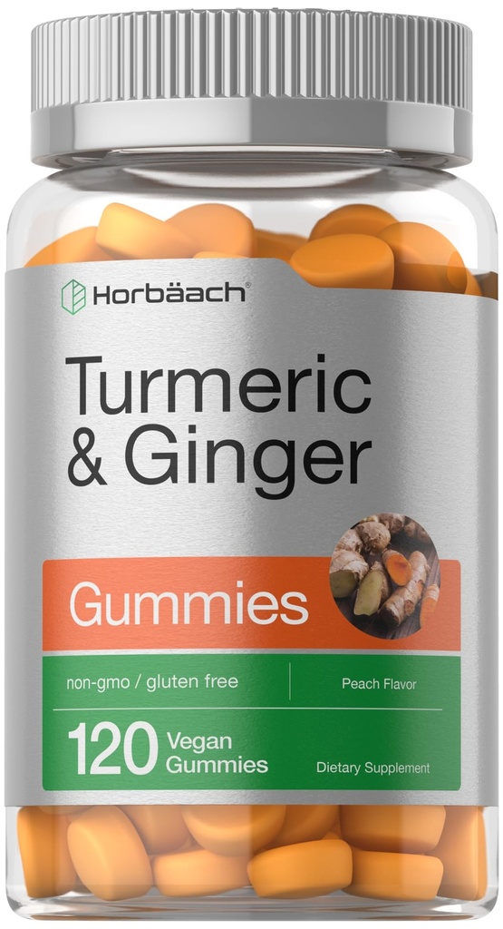 Horbach Turmeric dan Ginger Gummies 124; 120 Count 124; Peach Flavor 124; Vegan N- GMO & Gluten Free Suplemen