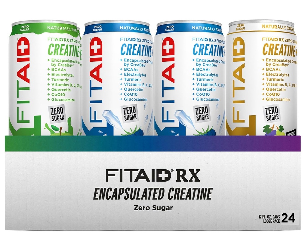 FITAID RX Zero Sugar, Encapsulated Creatine, Workout Recovery Drink, All-Inone BCAD, Glucosamine, Turmeric, B-Complex, Electrolite, Variety Pack, 12 Fl Oz (Paket 24)