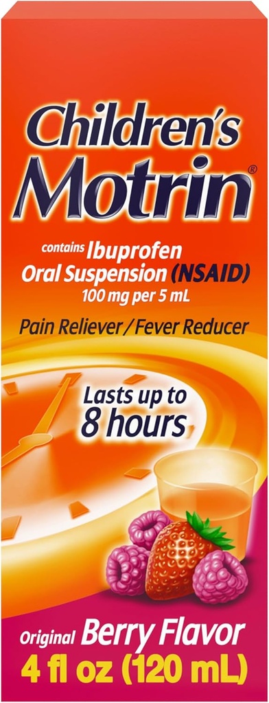 Motrin Oral Suspension Medicine anak-anak, 100 mg Ibuprofen, Reducer Fever & Pain Reliever untuk Minor Acs & Pains Dikarenakan Dingin & Flu, Alcohol- Free, Berry Flavored, 4 fs. oz