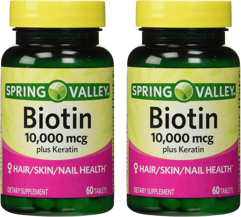 Spring Valley 1000mcg Biotin dengan 100mg Keratin Dietary Suplemen, 60 Count (Paket 2)