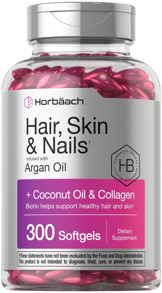 Horbäach Hair Skin dan Nails Vitamin 124; 300 Softgeels 124; dengan Biotin dan Collagen 124; Terhubung dengan Argan Oil dan Coconut Oil 124; Non-GMO, Gluten Free Supplemen
