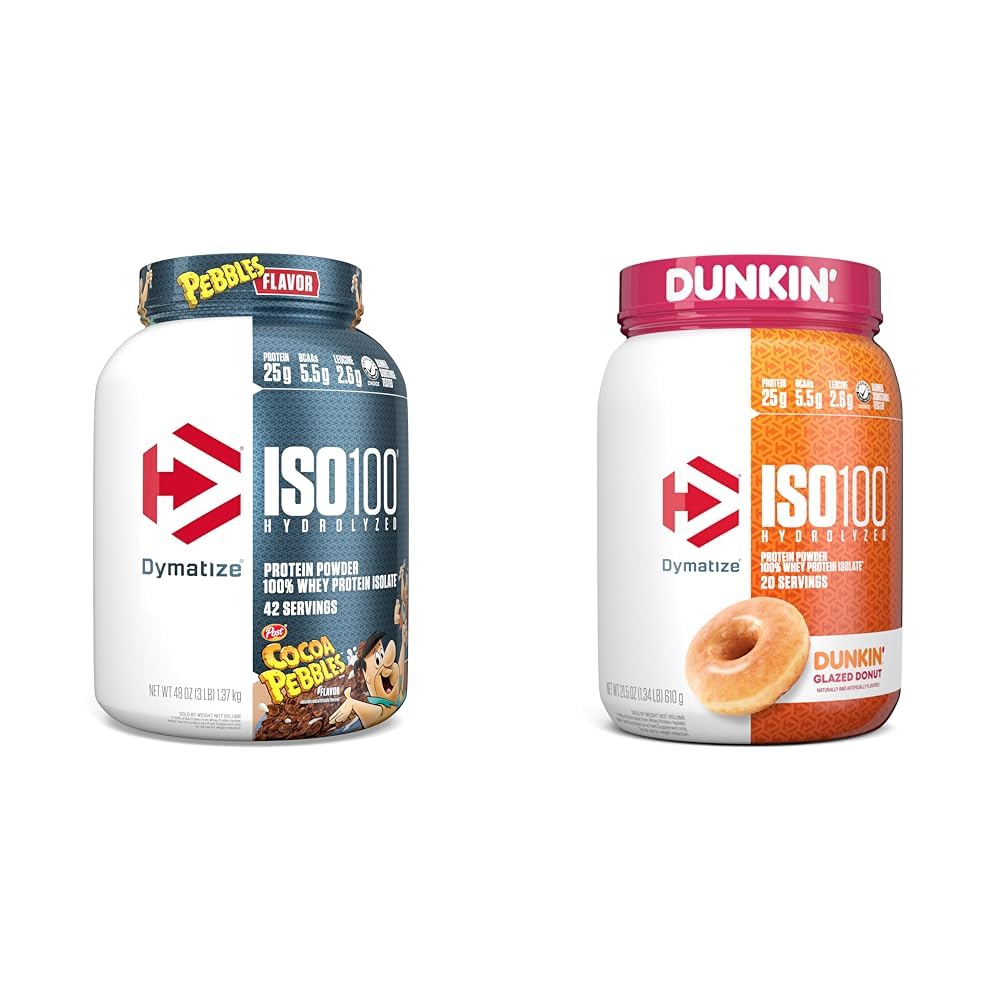 dymatize ISO100 Hydrolyzed Protein Powder, 100% Whey Isolate, 25g of Protein, 5.5g BCAAs & ISO100 Hydrolyzed Protein Poader, 100% Whey Isolate, Dunkin 'Glazed Donut Flavor