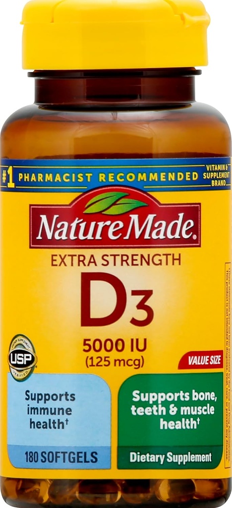 Ekstra Kekuatan Vitamin D3 5000 IU (125 mcg), 180 Softgels Nilai Ukuran, Potency Tinggi Vitamin D Membantu Kesehatan Imune, Tulang Kuat dan Gigi, & Fungsi Otot