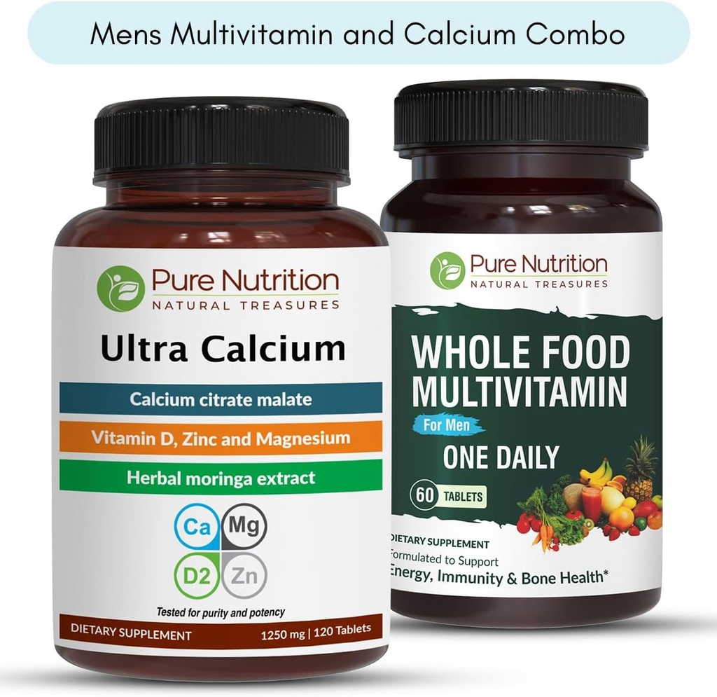 Murni Nutrition Ultra Kalsium 1000mg dan Whole Foods Mens Multivitamin 1500mg untuk Healthy Bones, Joints dan Overall Wellness. Ultra Kalsium 90 Tab + Mens Multivitamin 60 Tab.
