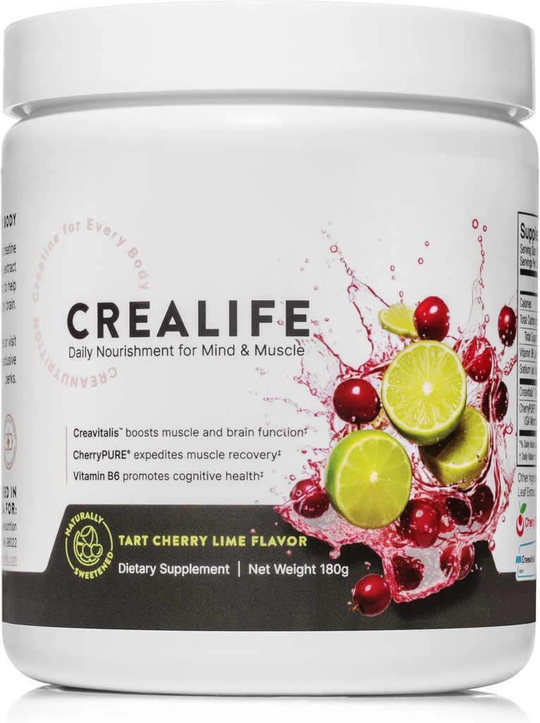 German Micronized Creatine + USA Tart Cherry + Vitamin B6 - Pra dan Post Workout Suplemen Perempuan & Men, Tart Cherry Lime Flavor, Caffeine- Free Nafirement for Body and Brain