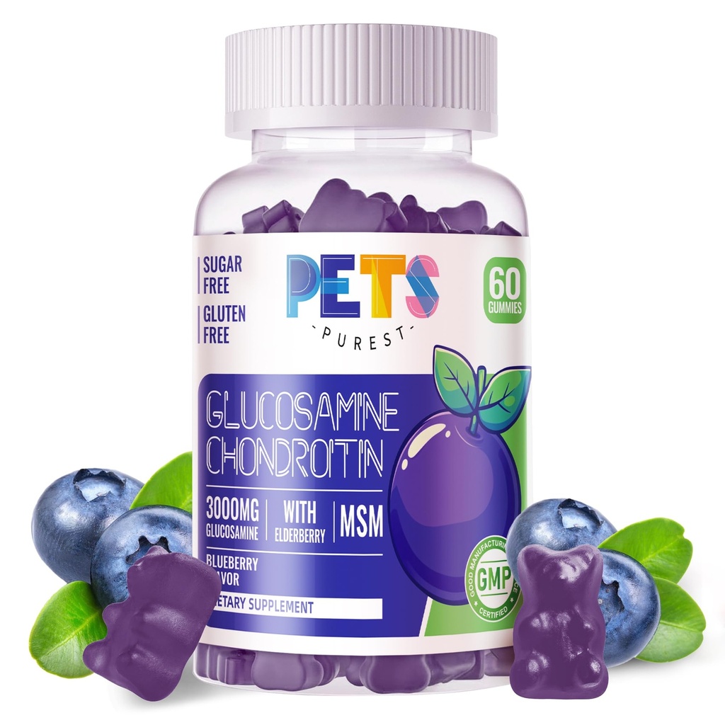 Pets Purest Glucosamin Chondroitin Gummies with MSM & Elderberry Extra Strength - Joint, antioksidant Ammune Suppplemen untuk Dewasa, Men & Women.60 Blueberry Gummies