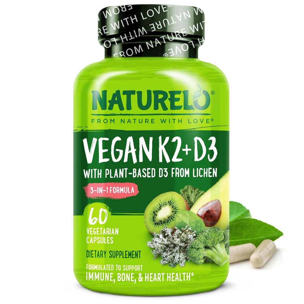 NATURELO Vitamin D3 K2 - Vegan dengan Tanaman Berdasarkan D3 dari Lichen - Suplemen Alam untuk Sistem Kebal, Dukungan Tulang, Kesehatan Jantung - Tidak-GMO - Gluten Bebas, 60 Kapsul