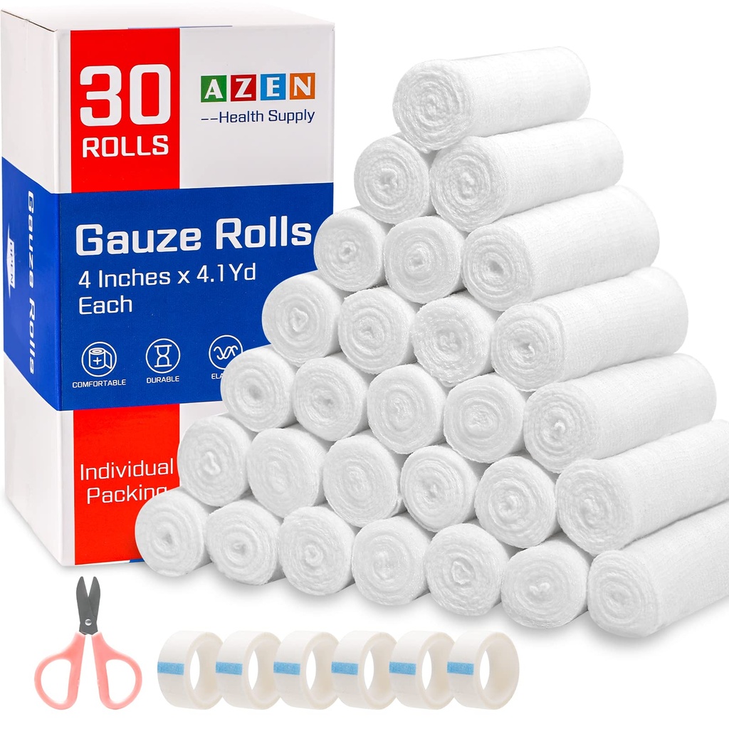 AZEN 30 Pack Gauze Rolls Bandages, 4 di x 4.1 Yards, Premium Medical Suply & First Aid Suply, Bandage Wrap, Mummy Wraps