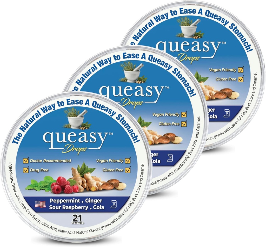 Three Lollies Queasy Drops - Relief from Naussea & Travel Sickness - Relieves a Dry Mouth & Settles The Stomach - Natural Ingreations - 4 Flavors - 21ct (Pack of 3)