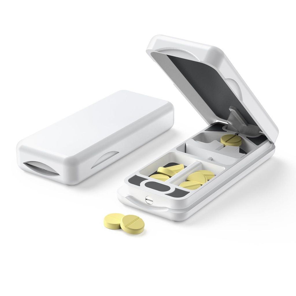 Pill Cutter dengan Perangkat Auto Centering, Aluminum Pill Splitter dengan Blade Snainless 316L, Kasus Leather Genuine, Pill Pill Profesional Splitter untuk Cutting Small Pills atau Large (Plastic, White)