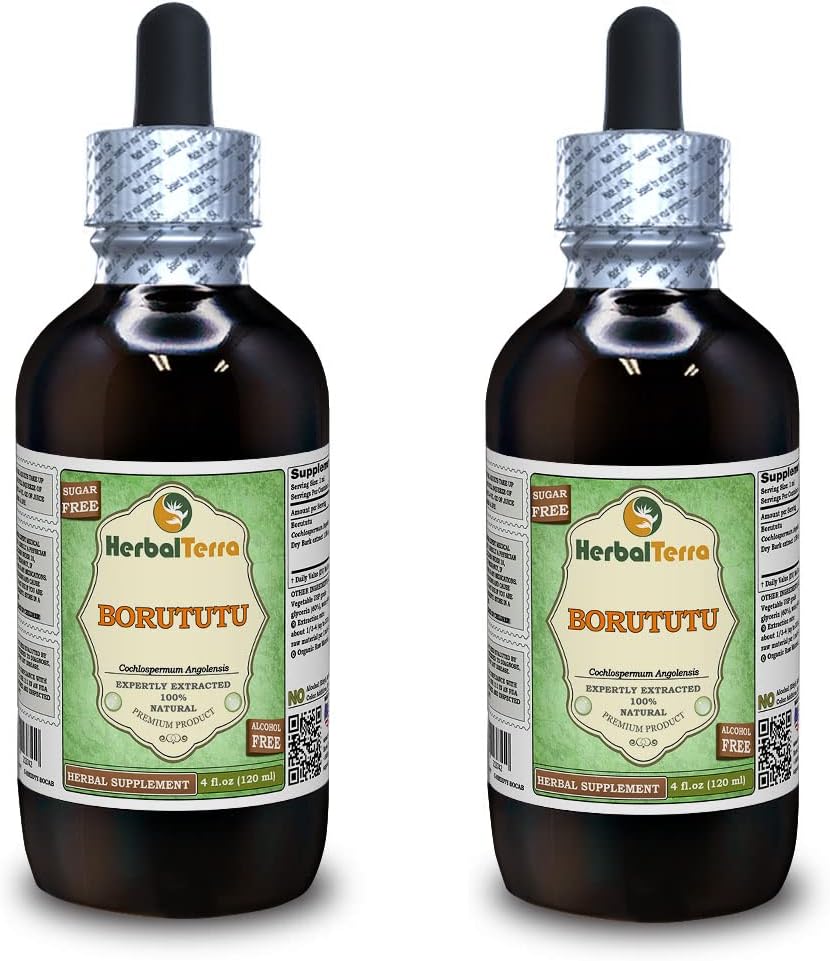 Borututu (Cochlospermum angolensis) Glycerite, Dry Root Alcohol- Free Liquid Extract (Nama Merek: HerbalTerra, Proughtly Made in USA) 2x4 f.oz (2x120 ml)