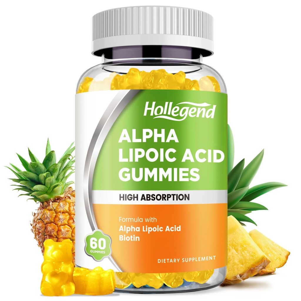 Alfa Lipoic Acid Gummies 10000 Mg dengan Biotin, Absorpsi Tinggi Suplemen Suplai ALA untuk Antioksidant, Kesehatan Otak dan Nerve Dukungan, Pineapple Flavor, Gula Bebas, 60 Chews