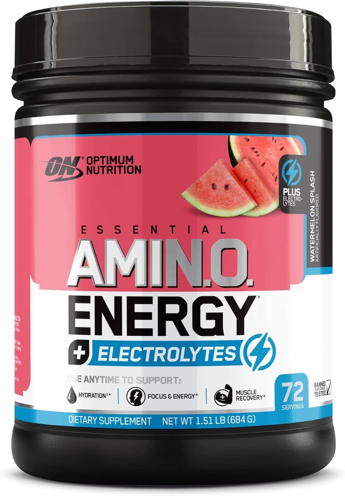 Optimum Nutlection Estile AMIN.O Energy & Electrolytes - Energy, Focus & Postout Muscle Recovery - Watermelon Precout Electrolite Powder - Watermelon Splash, 1.51 lb (72 Pelayan)