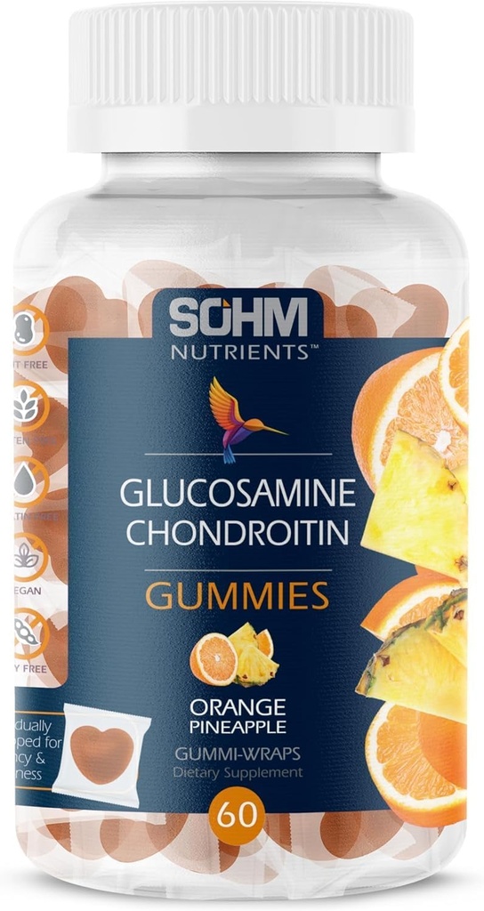 SoHM Glucosamine dan Chondrotin Gummies 60 Count Individually Wrapped, Dukungan Joints Health and Bones Health, Glucosamin Chondroitin Gummies for Mens and Women Vegetarian (Pineapple, Orange)