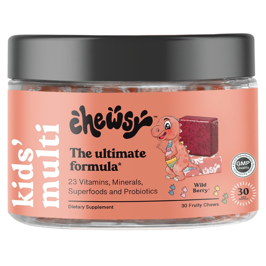 Chewsy Kids 'Multivitamin, Delicious Candy- Gaya Daily Vitamin Chews + Provids + Superfood, Wild Berry Flavor Chewable Fruity Supplemen Chewable, Dibungkus secara individual, mudah dinikmati, 30-Day Suppply