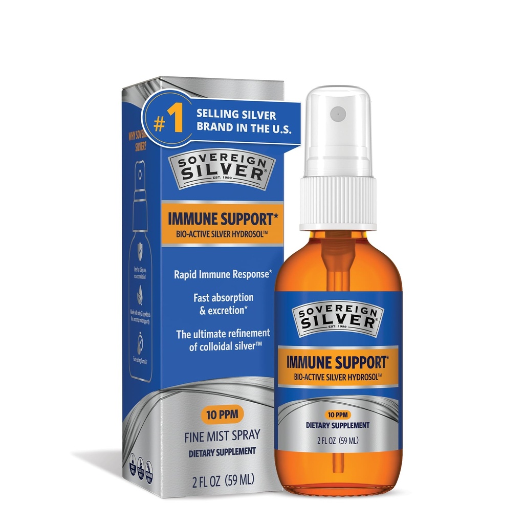 Sovereign Silver Ammune Dukung, Colloidal Silver Silver Silver, Bio- Active Hydrosol, 10 plum, Fine Mist Semprot, 2 Fl Oz