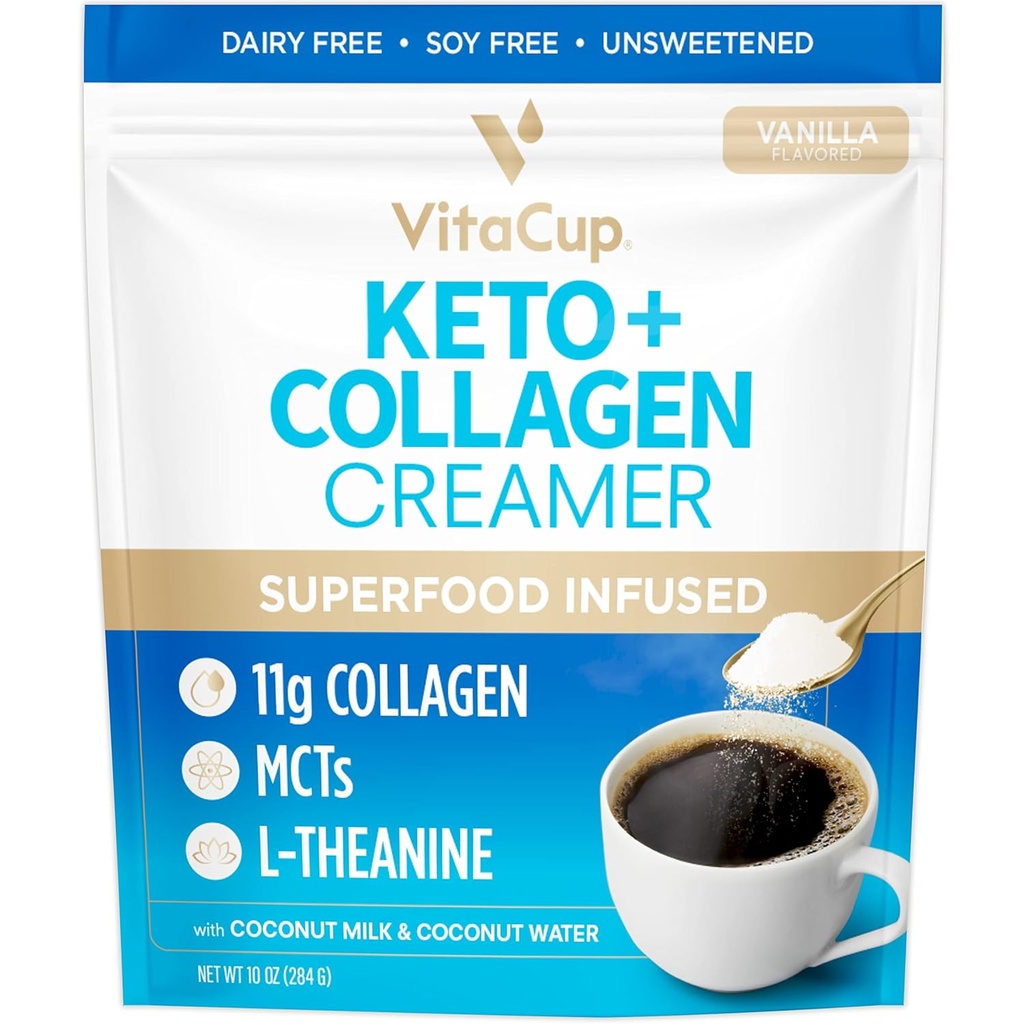 VitaCup Keto + Collagen Coffee Creator Vanilla Flavor with MCT, Collagen Protein, Coconut Water, L-Theanine for Keto Diet, Gunakan kopi, Smoothies, & Shakes, Dairy- Free, Gluten- Free, Soy- Free, 10oz