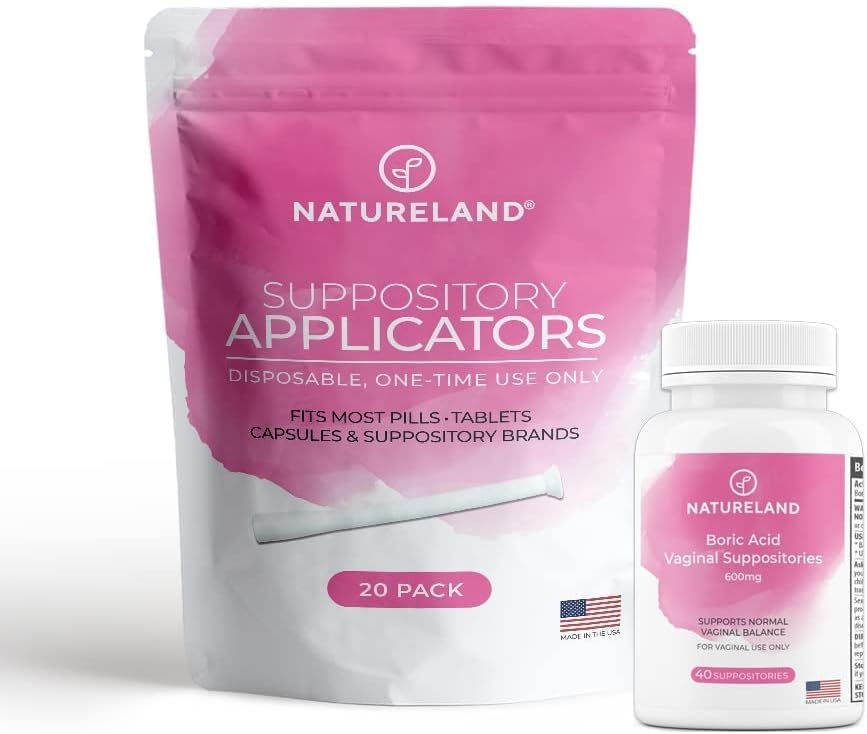 Natureland [40 Count Boric Acid Suppotory 600mg w / [20 Pack] Vaginal Applicator - Feminine Care