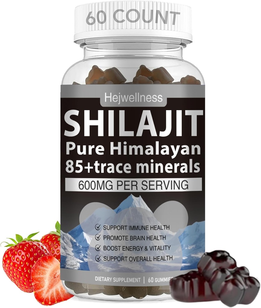Gummies Shilajit - 600 mg Natural Organic Shilajit Resin dengan 85 + Trace Minemination, Fulvic Acid & Phytonutrients - Strawberry Flavor - untuk Energy, Ammune Dukungan - 60 Gummies, 1 Bulan Supply