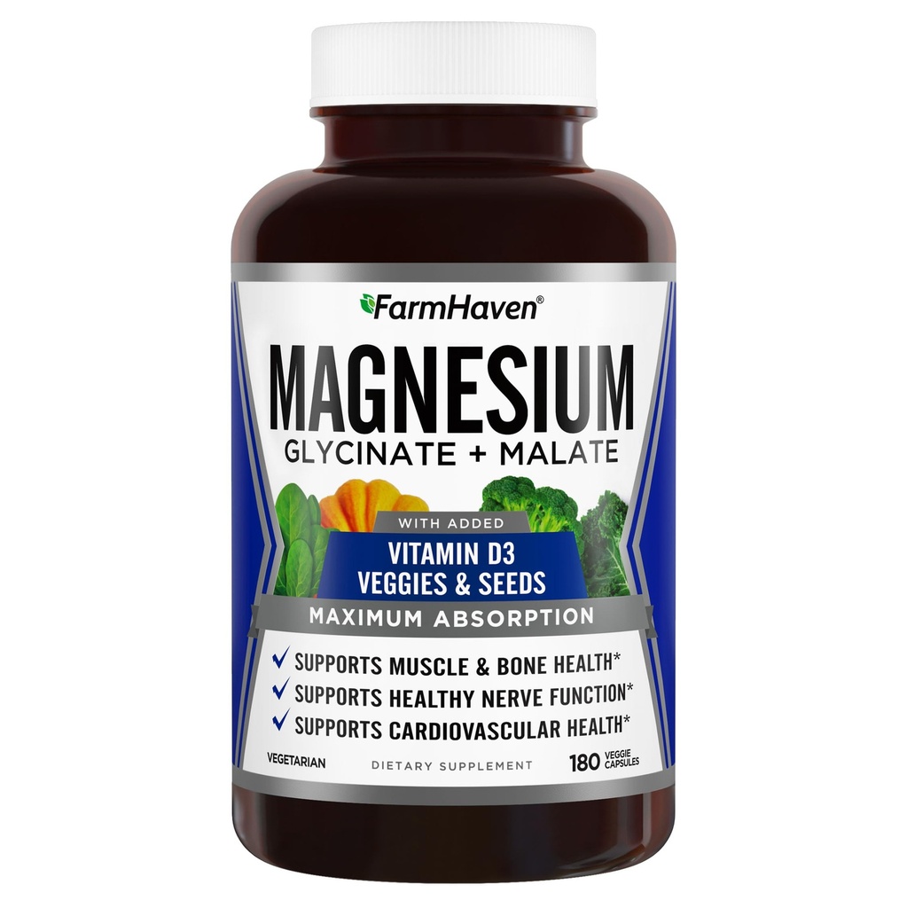 FarmHaven Magnesium Glycinate & Malate Complex w / Vitamin D3, 100% Diganti untuk Max Absorpsi, Vegetarian - Bone Health, Nerves, Muscles, 180 Capsules, 90 Hari