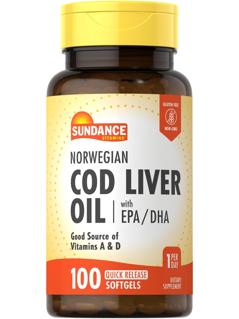 Sundance Norwegia Cod Liver Oil 124; 100 Softgels 126; dengan EPA dan DHA 124; Sumber Vitamin A & D 124; Non- GMO dan Gluten Free Suplemen