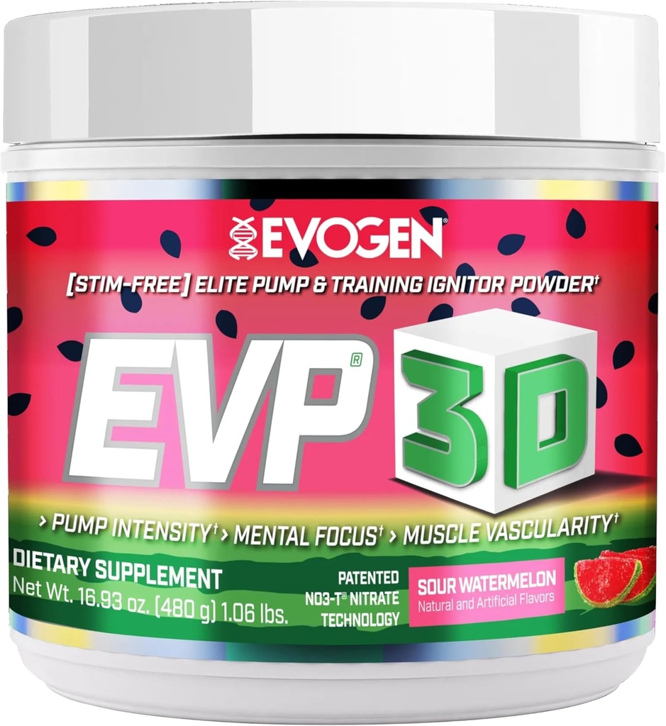 Evogen EVP 3D - Stim Free Pre Workout Powder for Men & Women Al4; Sugar Free Non Stim Pretraining dengan Beta Alanine dan Creatine for Energy & Pompa 124; Sour Watermelon 174; 40