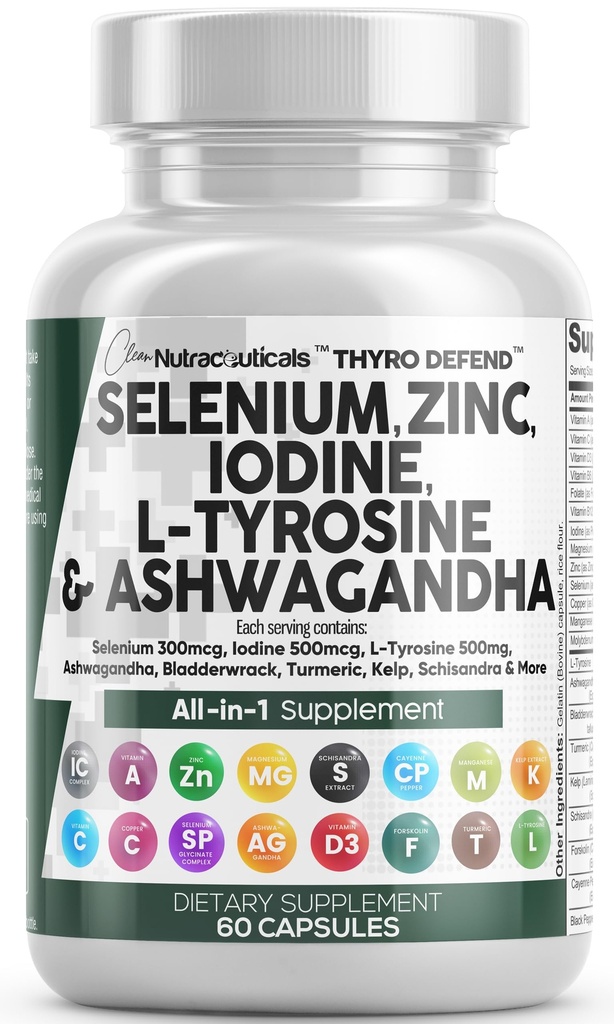 Bersihkan Nutra Selenium 300mcg Iodin 500mcg Dukungan untuk Women & Men 124; L Tyrosine 500mg Ashwaganda Suplemen Bladderwrack, Turmeric, Kelp, Schisandra Zinc Pistles Suplemen
