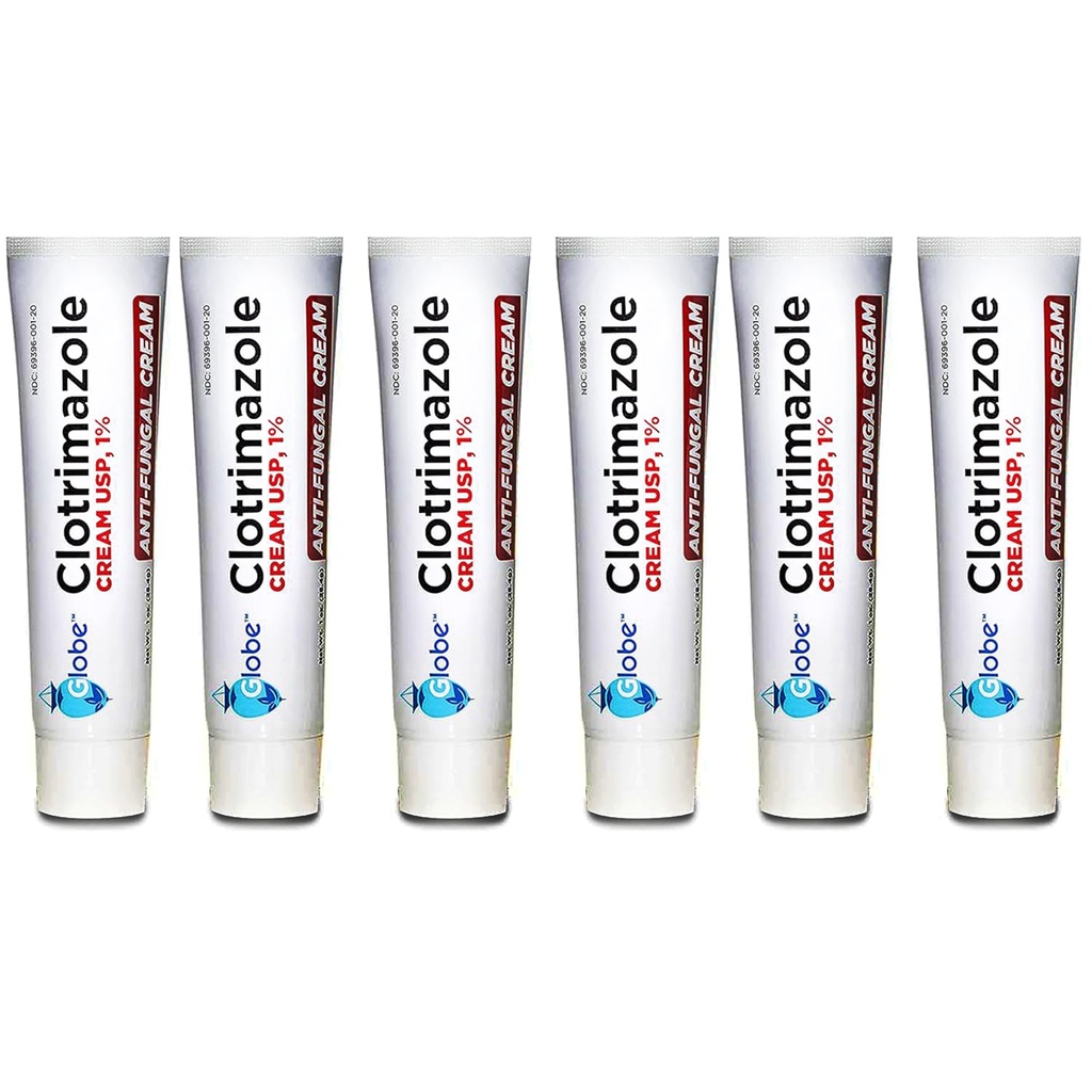 Globe (6 Pack) Clotrimazole Antifungal Cream 1% USP, 1 oz, Obat Anti Fungal, Relieves Itching, Burning, Cracking dan Scaling Associated Atletes Foot, Jock Itch, Ringworm dan More