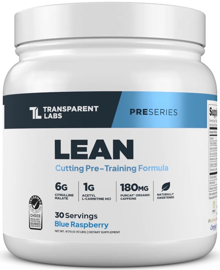 Lab Transparent Lean Pre-Workout - Badan Disarankan Pekerjaan Pre untuk Pria dan Wanita dengan Acetyl L- Carnitine, Beta Alanine Powder, & PurCaf Organic Caffeine Powder - 30, Blue Raspberry