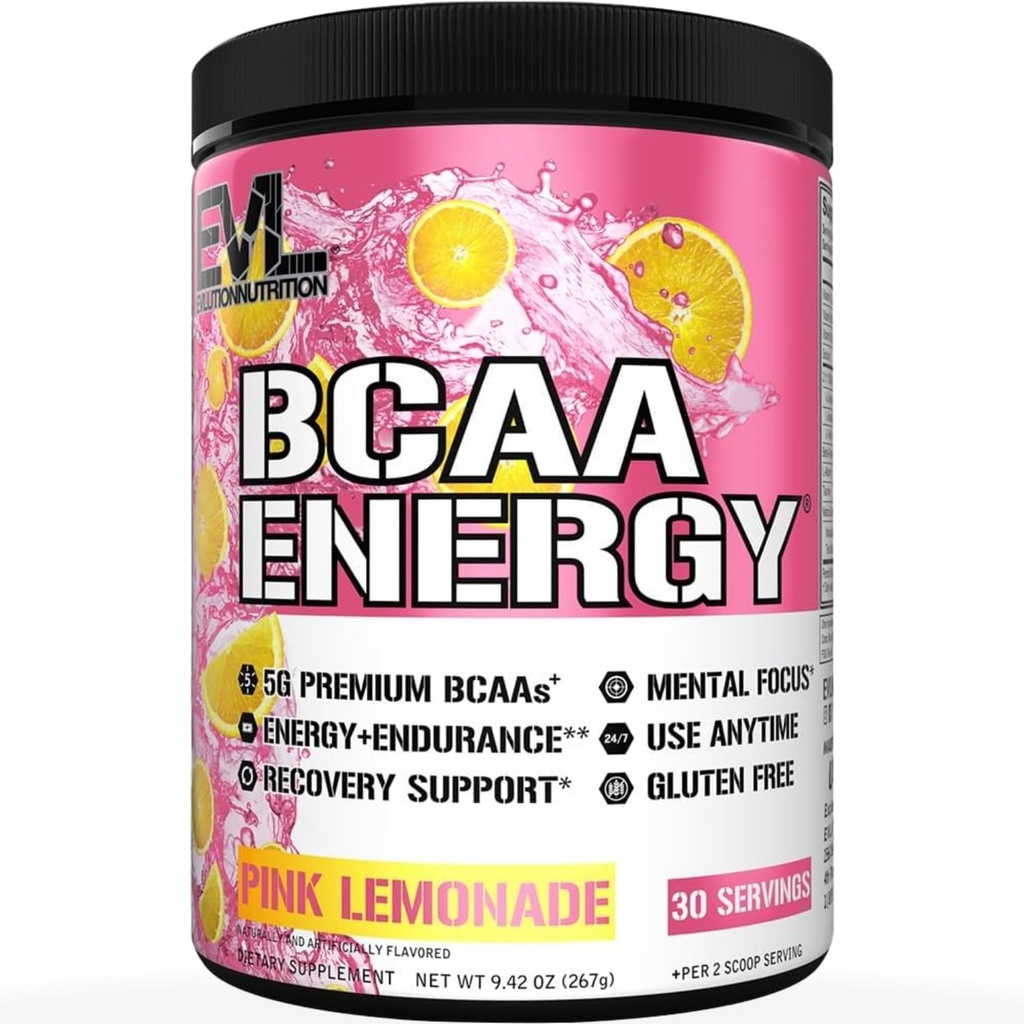 EVL BCAAs Amino Acids Powder - BCAA Energy Pre Workout Powder for Muscle Recovery Lean Growth and Endurance - Rehydrating Post Workout Recovery Drince with Natural Caffeine - Pink Lemonade