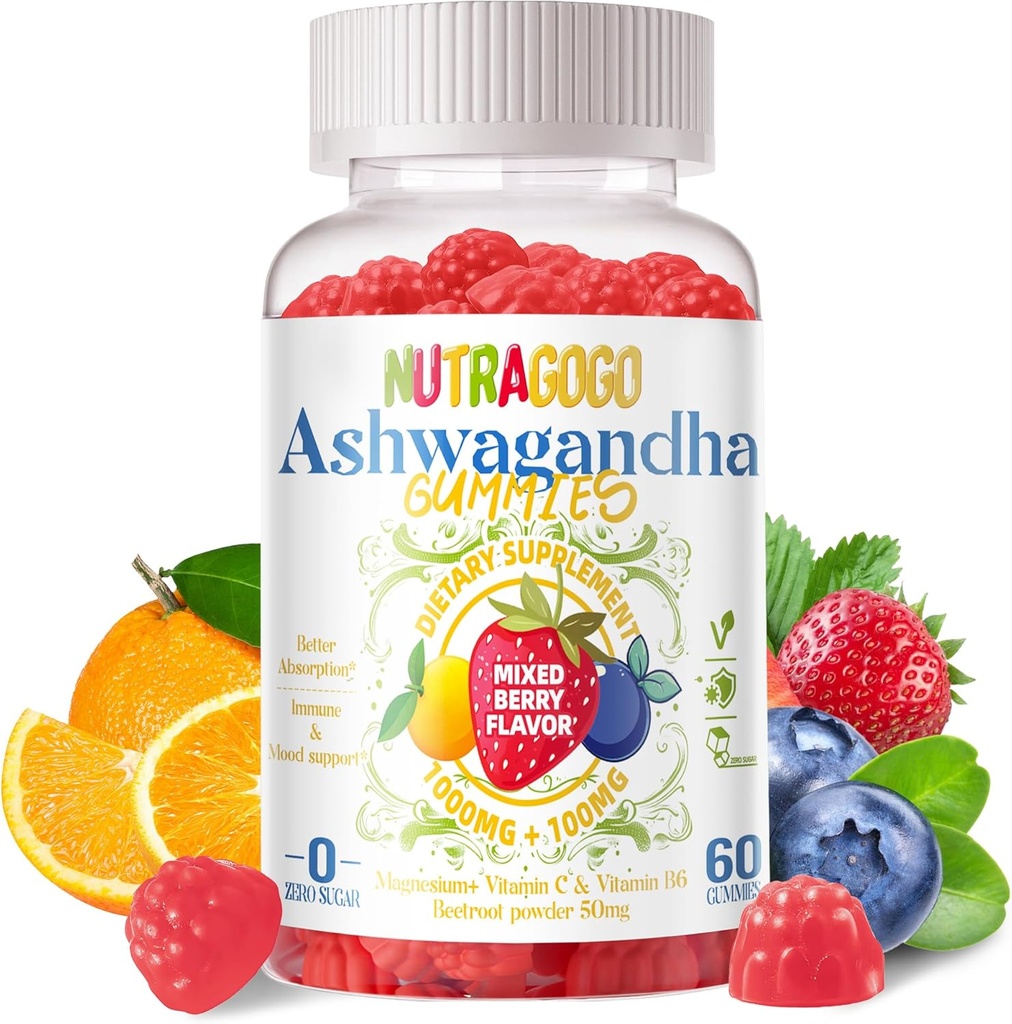 Ashwagandha Gummies & Vitamin D3 Gummies 60 - Bagian Organik Aswangdha untuk Impreve Sleep, Stress Relief & Mood Relax (Mixed Berry, Vegan, Plant Based, Gluten- Free & Gelatin Free) -1pack