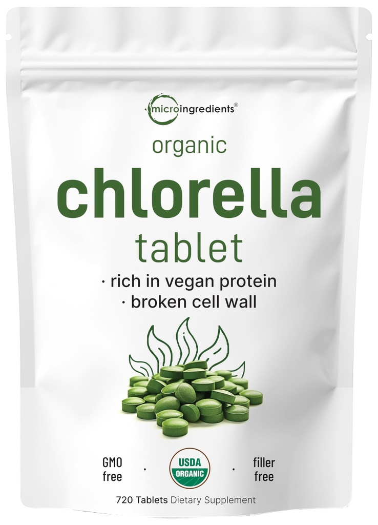 Tablet Chlorella Organik, 500mg Per Tablet, 720 Tabs (360 Grams), 4 bulan, Dinding Sel Patah, Rich in Vegan Protein, No Fillins, Tanpa Addonment & Non- GMO 124; Murni Alga Hijau Superfood
