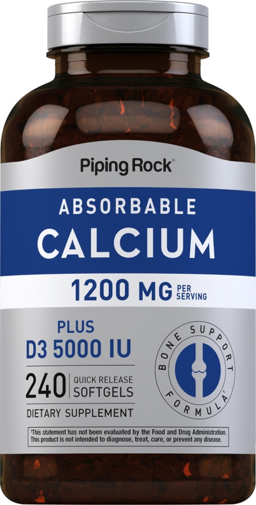 Piping Rock Calcium 1200 mg dengan Vitamin D3 124; 240 Softgeels 126; 5000 IU Vitamin D3 124; Absorbable Calcium Suplemen 14; Non-GMO, Gluten Free