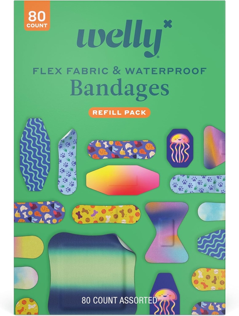 WeIly Bandage Family Pack 126; Adhesive Flexible Fabric & Waterproof Bandages Dall124; Ditujukan Bentuk dan Pola untuk Minor Cuts, Scrapes, and Wounds - 80 Count