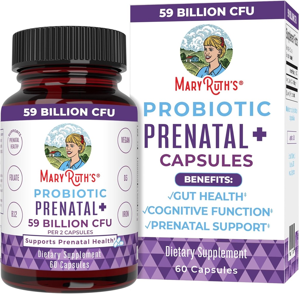 MaryRuth Organics Prenatal Vitamins & Progeum 124; 59 Milyar CFU 124; Vitamin D3 & B12 & B12; Iron 124; Fleon 124; Selenium 124; Choline 124; Vegan 124; Non-GMO 124; 60 Capsules