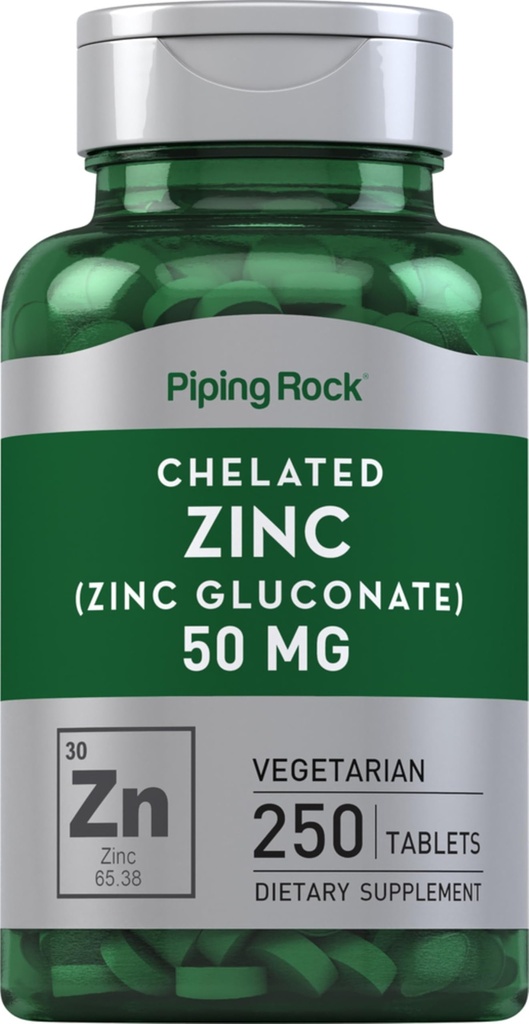 Piping Rock Cheriated Zinc 50mg 124; 250 Tablet 12.4; Gluconate 124; Vegetarian, Non-GMO, Gluten Free Supplemen