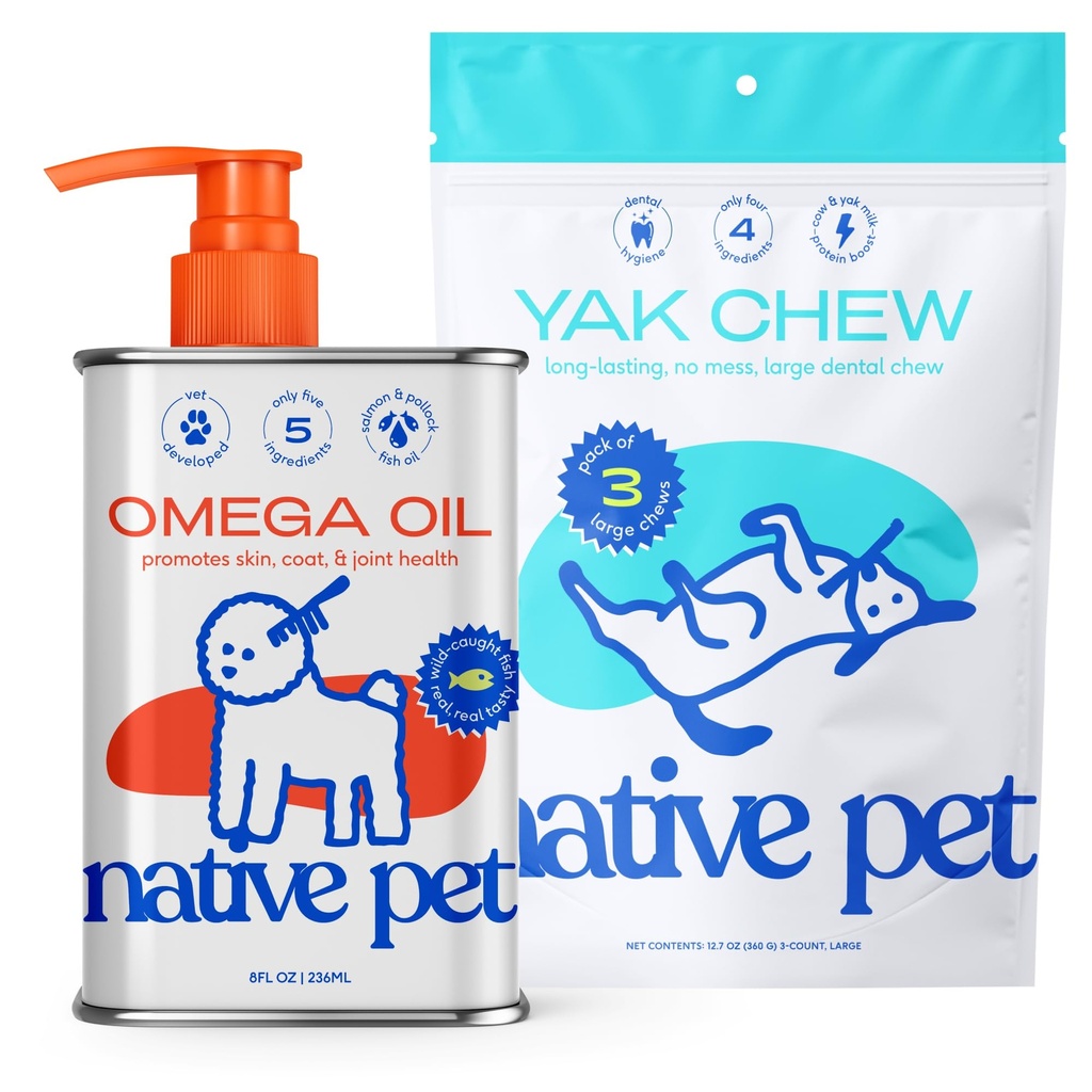 Native Pet Omega Oil for Dogs - Dog Fish Oil Suplemen & Yak Chews for Dogs 124; Pasture- Dibesarkan dan Organic Yak Cheese Himalaya Churpi Mengunyah 124; 8 Oz.