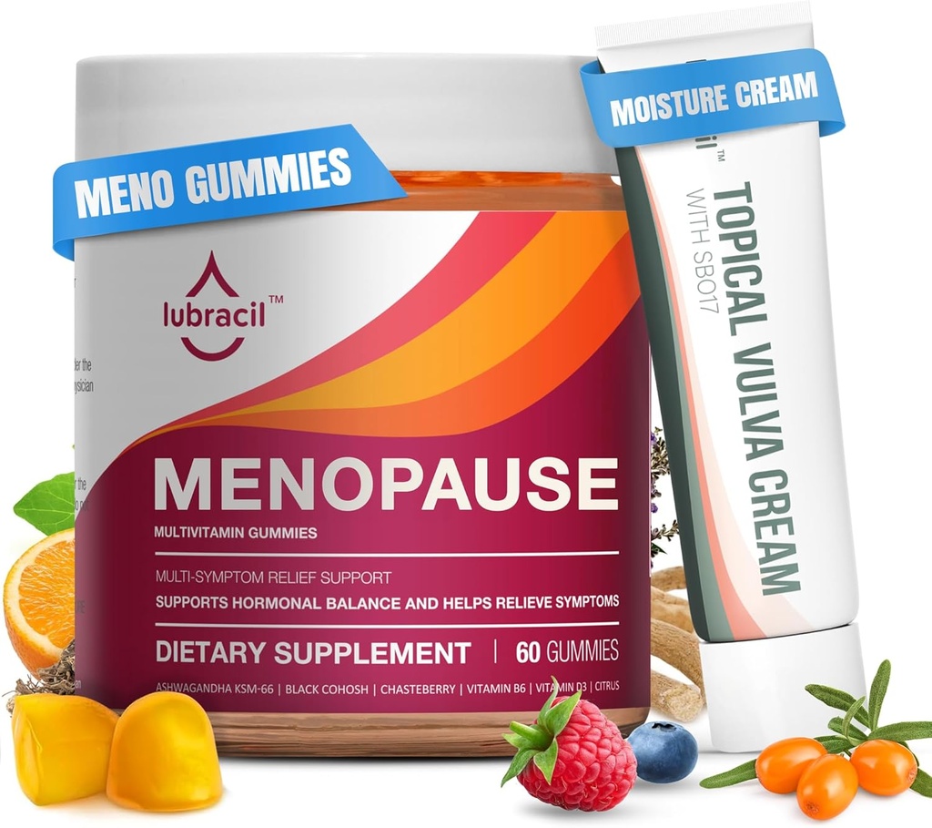 Luceril Menopause Gummies & Topical Vulva Cream Bundle - Hormone- Dukungan Bebas untuk Hot Flashes, Vaginal Dryness, Gingching, Mood Swings & Night Sweets with Black Cohosh, Ashwagandha, Omega-7 & Vitamin