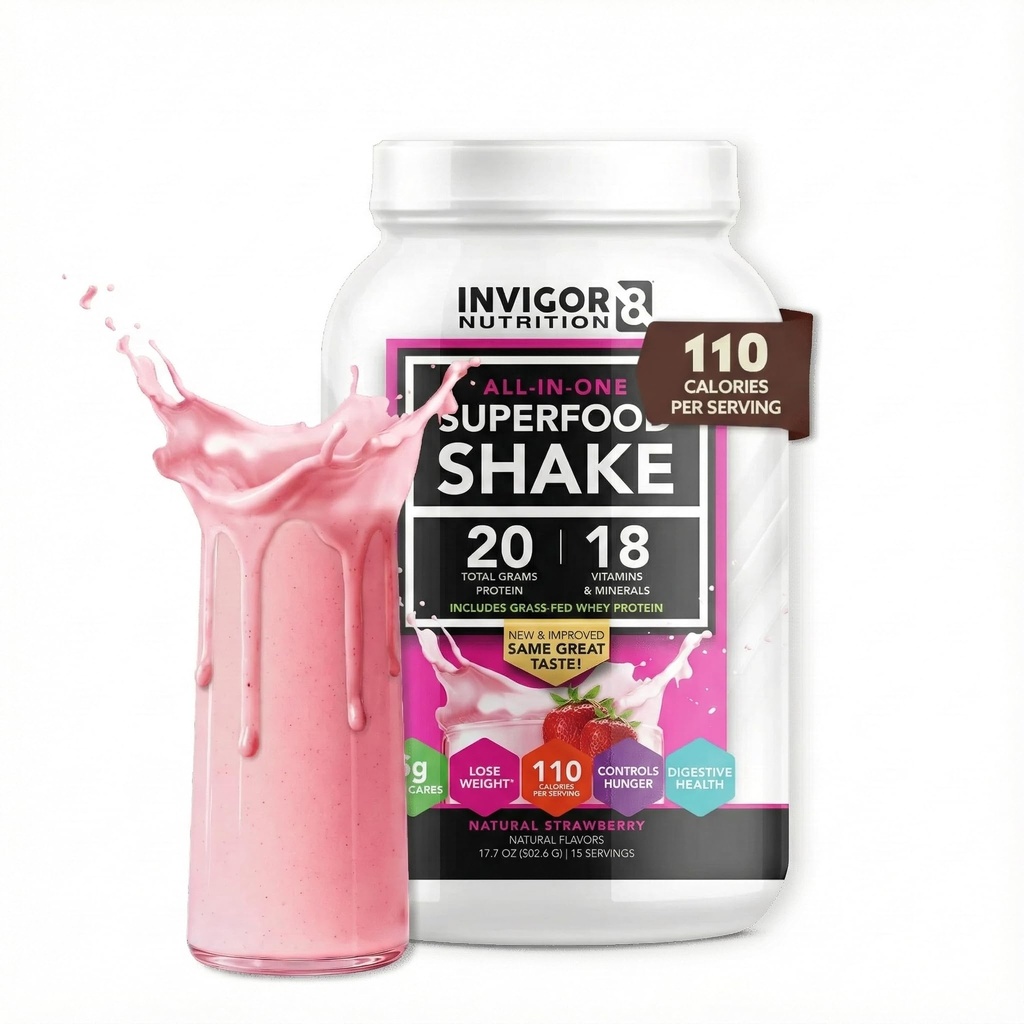 INVIGOR8 Superfood Grass Fed Whey Protein Isolat Shake Natural Strawberry Gluten- Free and Non GMO Meal Replacement with Progories and Omega 3 (645g)