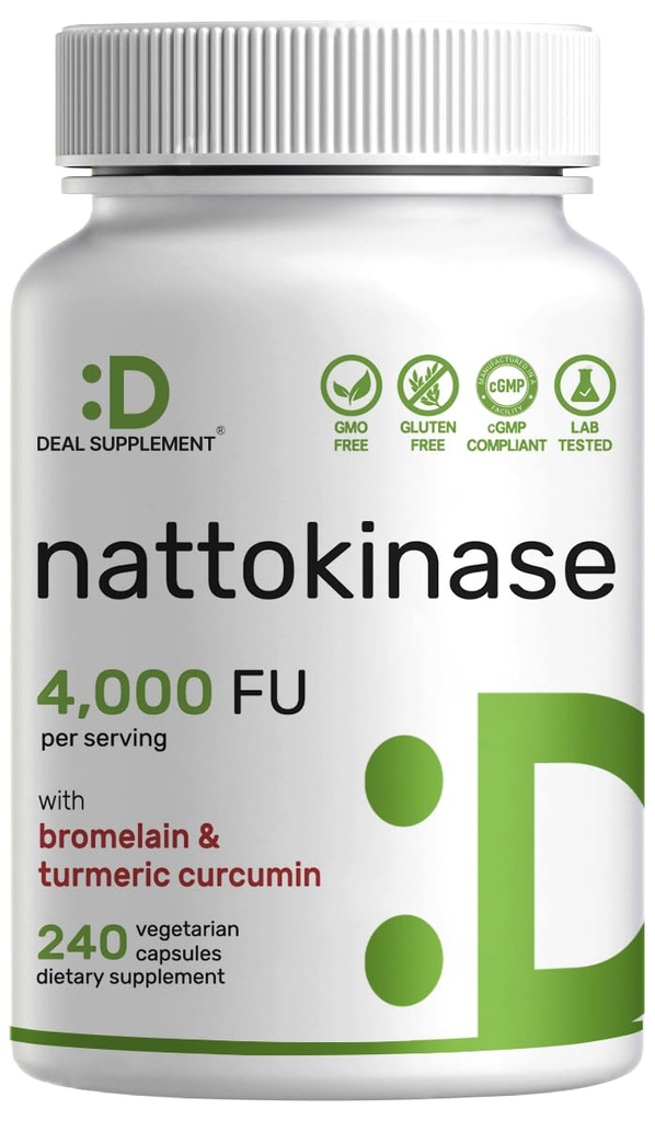 Suplemen Nattokinase 4.000 FU Per Serving, 240 Veggie Capsules - Jepang Natto dengan Bromelain, Turmeric Curcumin & Black Pepper Complex - Enzymes Digevive & Heart Health - Non-GMO, Vegan