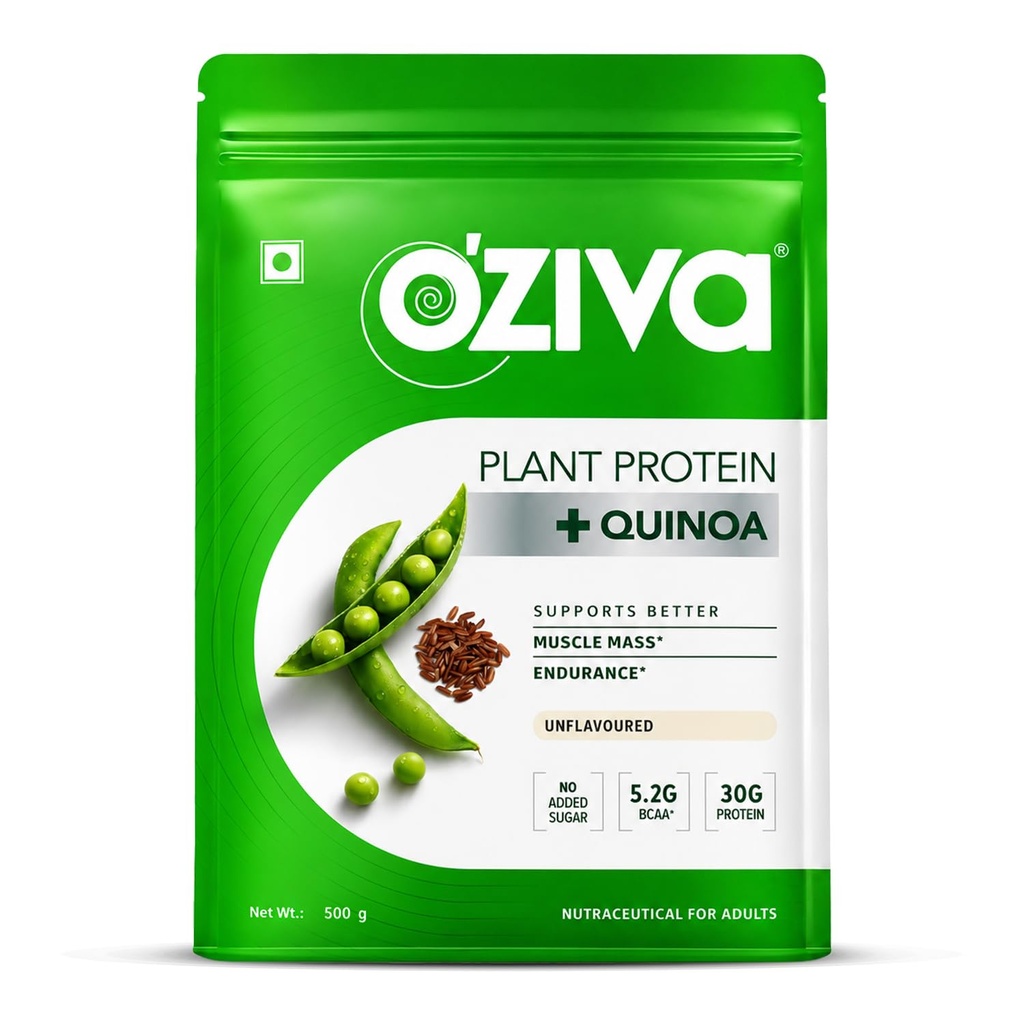 OZiva Organic Plant Protein Powder 124; 500 Gm 124; (30g Vegan Protein - Pea Protin, Brown Rice Protein & Quinoa, Soy Free) untuk kesehatan sehari-hari, Boosts Imunity, Unflamited (1.1 lb)