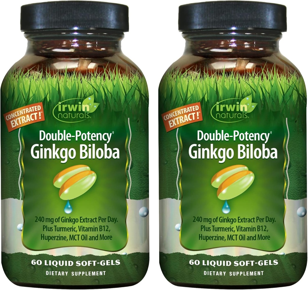 Irwin: Double- Potency Ginkgo Biloba - 60 Liquid SoftGels - Otak, Fokus & Sirkulasi Dukungan - 2 Pack