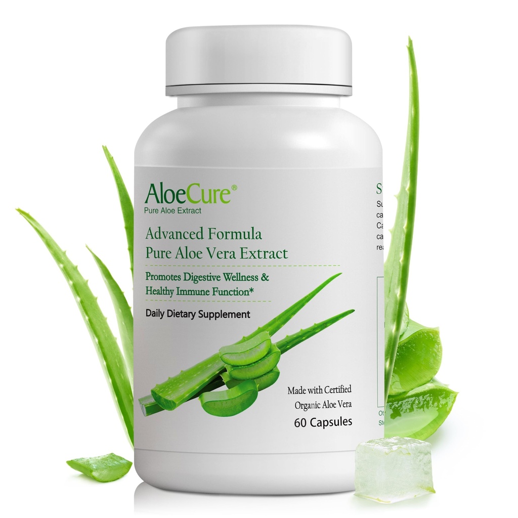 AloCure Organic Aloe Vera Capsules, 1600000mg Inner Aloe Equivalen per Serving, Dut, Digeathon, & Imune Health, Membantu Mempertahankan Acidity Balanced, Aloin Free, 60 Capsules