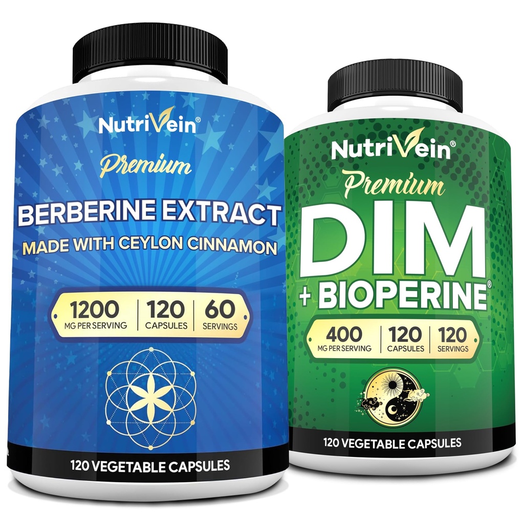 Nutrivena Premium DiM & Berberine Suplemen Bundle: Tinggi-Absorpsi Berin & DIM Suplemen dengan Bioperin - untuk keseimbangan Hormonal, Peraturan Digetical, Metabolisme, & Overall Wellness