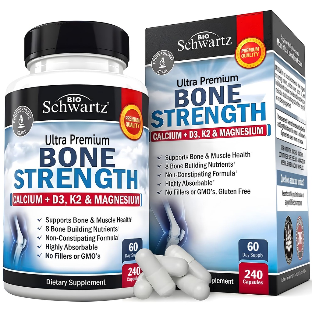 BioSchwartz Bone Strength Supplement - Gentle None-Constipating Bone Health Suplement for Women & Men with 9-in- 1 Complex with Calcium Magnesium Zinc D3 & More - 3rd Party Tested - 2 BULAN