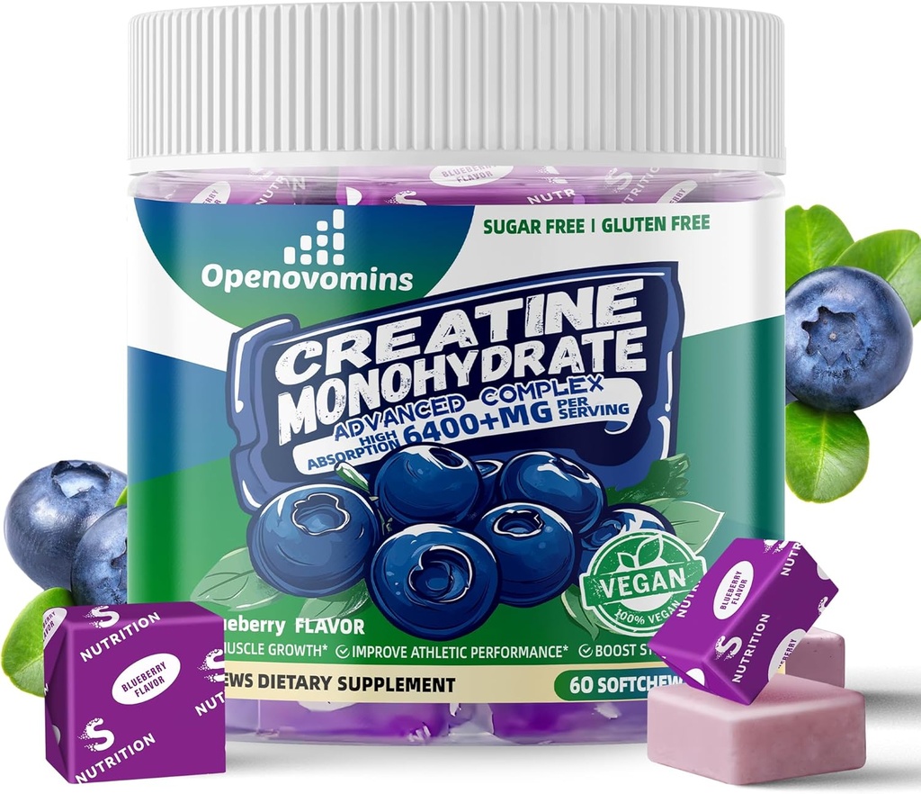 Cretine Monohydrate Soft Chews Complex 6400mg for Men & Women -Advanced Formula W / L-Taurine + Vitamin B12, Sugar Free Chewable Suftchews, 60 Blueberry Softchews